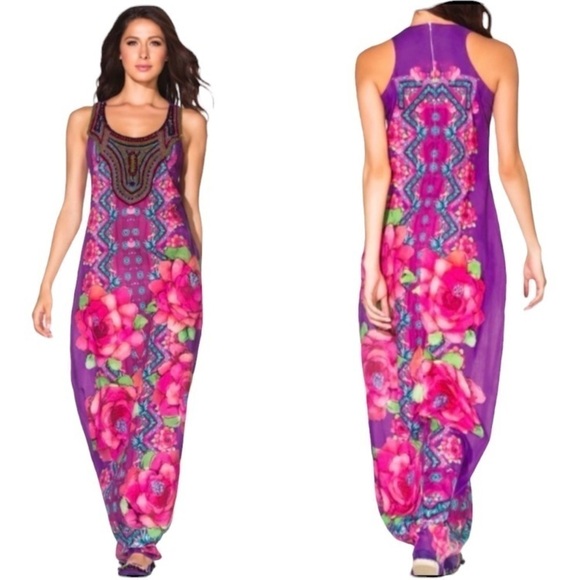Agua Bendita Colorful Purple & Pink Cactus Floral Maxi Dress Large LIKE NEW - Picture 1 of 16